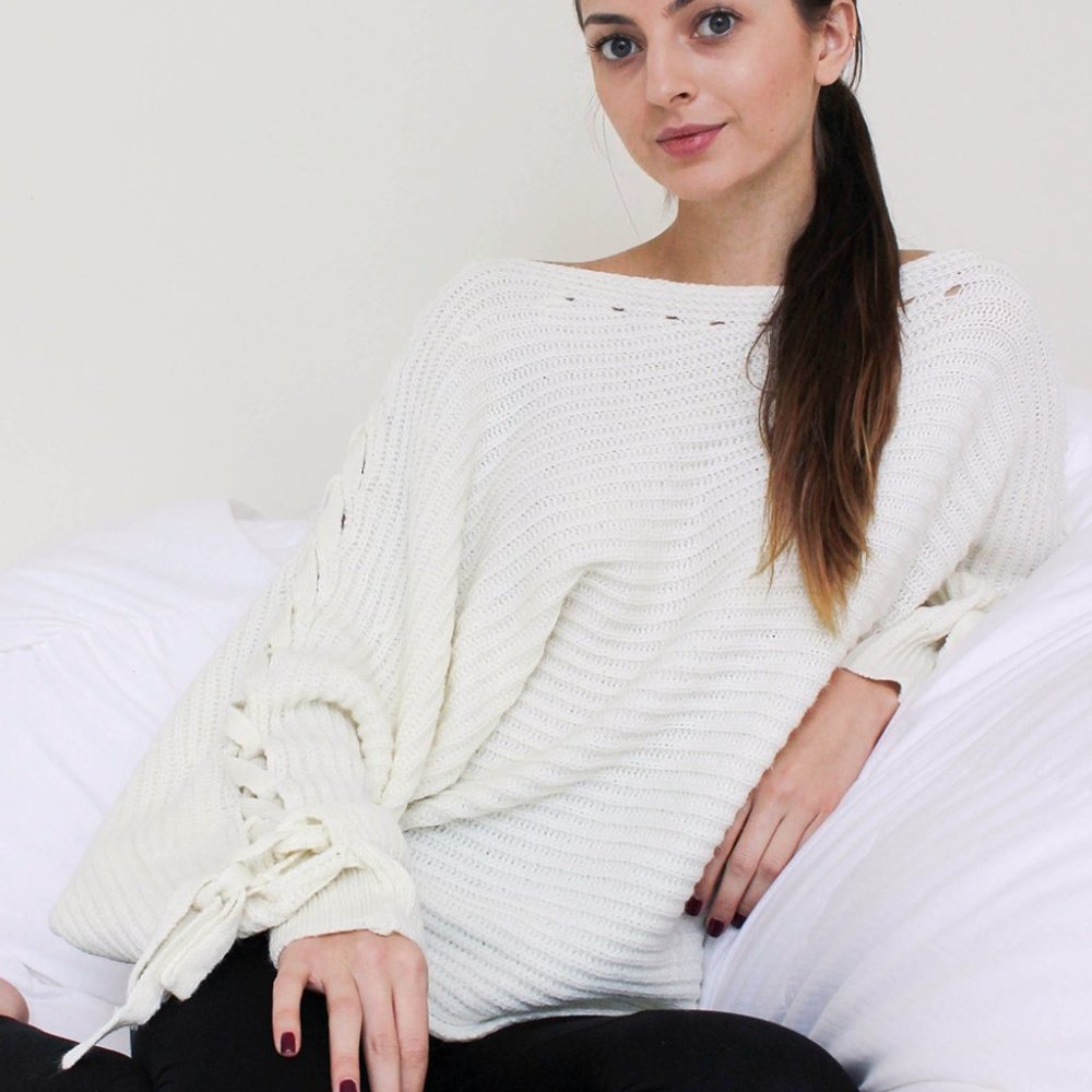 Black Oversized Lace Up Sleeve Sweater by Cotton Candy